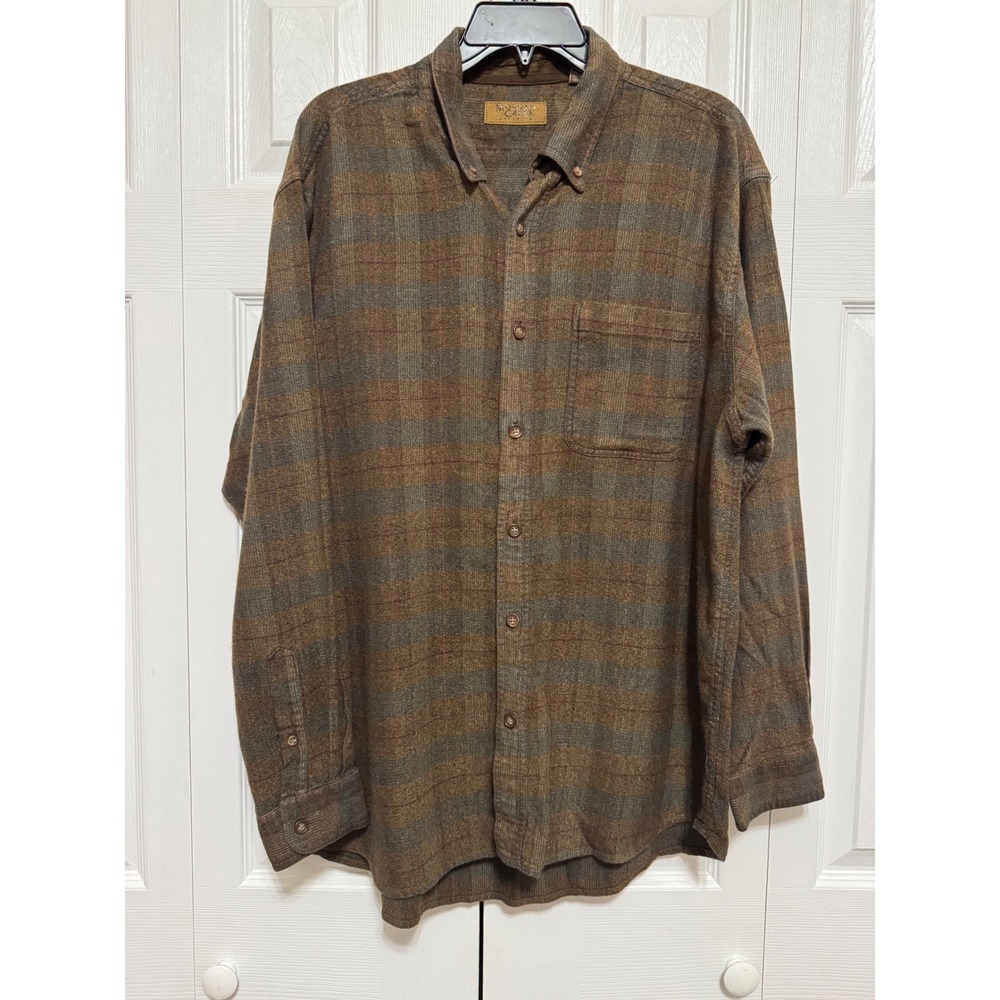 Morgan Creek Outfitters Mens XL Brown Plaid Herringbone Cotton Rayon Shirt L/S